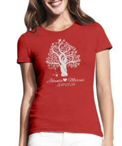 Raudoni moteriški trumpomis rankovėmis medvilniniai marškinėliai su spauda Meilės medis