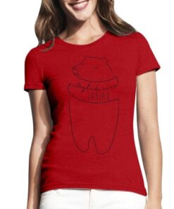 Raudoni moteriški trumpomis rankovėmis medvilniniai marškinėliai su spauda Mylėk save labiau