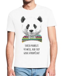 Balti vyriški trumpomis rankovėmis medvilniniai marškinėliai su spauda Gimtadienio panda