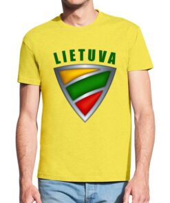 Geltoni vyriški trumpomis rankovėmis medvilniniai marškinėliai su spauda Lietuva