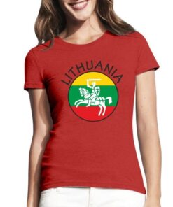 Raudoni moteriški trumpomis rankovėmis medvilniniai marškinėliai su spauda Myliu Lietuvą