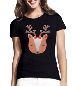 Juodi moteriški trumpomis rankovėmis kalėdiniai marškinėliai su spauda Kalėdinė elniukė