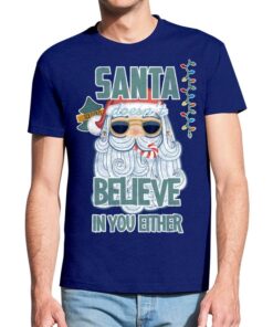 Mėlyni vyriški trumpomis rankovėmis kalėdiniai marškinėliai su spauda Kalėdų senelis