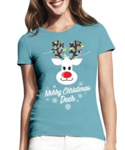 Lagūnos mėlyni moteriški trumpomis rankovėmis kalėdiniai marškinėliai su spauda Su šv. Kalėdom
