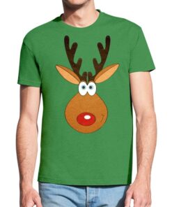 Žali vyriški trumpomis rankovėmis kalėdiniai marškinėliai su spauda Kalėdų elniukas