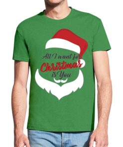 Žali vyriški trumpomis rankovėmis kalėdiniai marškinėliai su spauda Viskas ko aš noriu