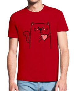 Raudoni vyriški trumpomis rankovėmis medvilniniai marškinėliai su spauda Kačiukų pora