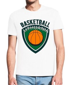 Balti vyriški trumpomis rankovėmis medvilniniai marškinėliai su spauda Basketball Lithuania