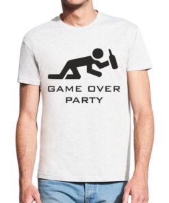 Balti vyriški trumpomis rankovėmis medvilniniai bernvakario marškinėliai su spauda Game over party