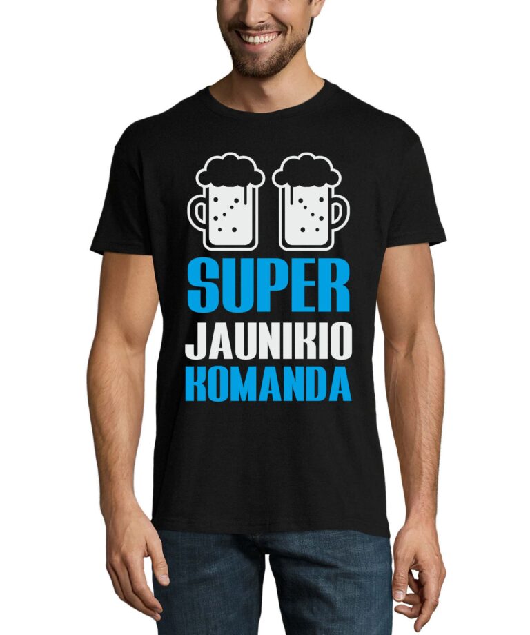 Marškinėliai bernvakariui su spauda Super jaunikio komanda