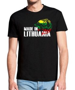 Juodi vyriški trumpomis rankovėmis medvilniniai marškinėliai su spauda Made in Lithuania