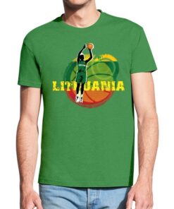 Žali vyriški trumpomis rankovėmis medvilniniai marškinėliai su spauda Krepšinis ir Lietuva