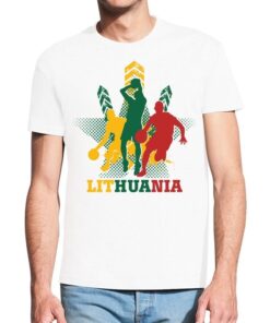 Balti vyriški trumpomis rankovėmis medvilniniai marškinėliai su spauda Krepšinis Lithuania