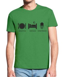 Žali vyriški trumpomis rankovėmis medvilniniai marškinėliai su spauda Maistas miegas krepšinis
