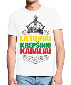 Balti vyriški trumpomis rankovėmis medvilniniai marškinėliai su spauda Lietuva krepšinio karalystė