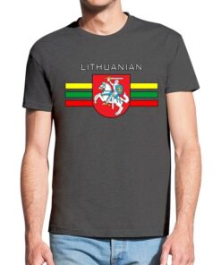 Šviesiai pilki vyriški trumpomis rankovėmis medvilniniai marškinėliai su spauda Lithuanian