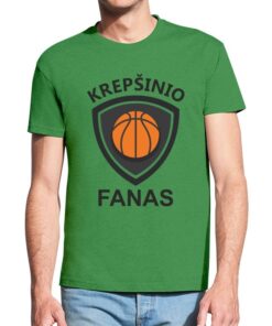 Žali vyriški trumpomis rankovėmis medvilniniai marškinėliai su spauda Krepšinio fanas