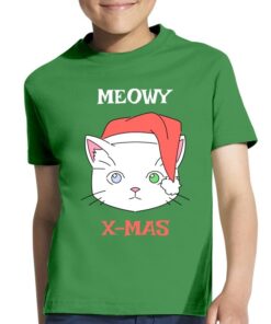 Vienspalviai trumpomis rankovėmis kalėdiniai marškinėliai vaikams su spauda Meowy x-mas