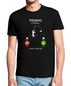 Juodi vyriški trumpomis rankovėmis medvilniniai marškinėliai su spauda Fishing is calling