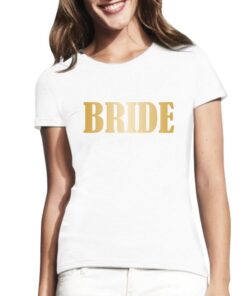 Balti moteriški trumpomis rankovėmis medvilniniai marškinėliai su spauda Bride