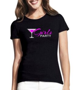 Juodi moteriški trumpomis rankovėmis medvilniniai marškinėliai su spauda Girls party