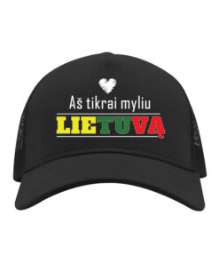 Juoda kepuraitė su porai skirtu dizainu Myliu Lietuvą