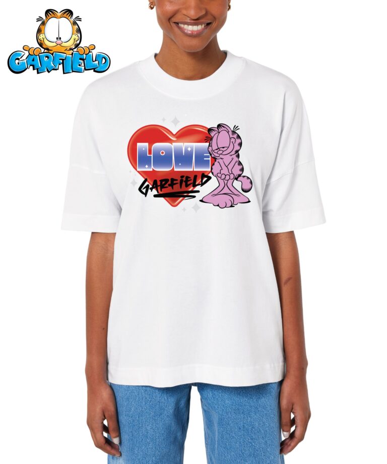 Trumpomis rankovėmis oversized universalūs marškinėliai su spauda iš Garfieldo kolekcijos Love Garfield