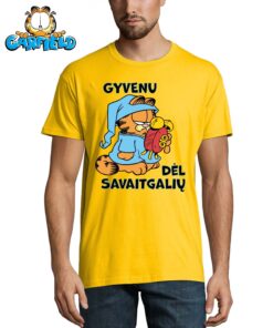 Geltonis vyriški marškinėliai su spauda iš Garfildo kolekcijos Gyvenu dėl savaitgalių