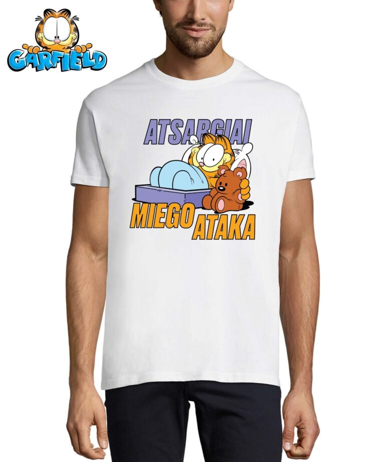 Balti vyriški marškinėliai su spauda iš Garfildo kolekcijos Miego ataka