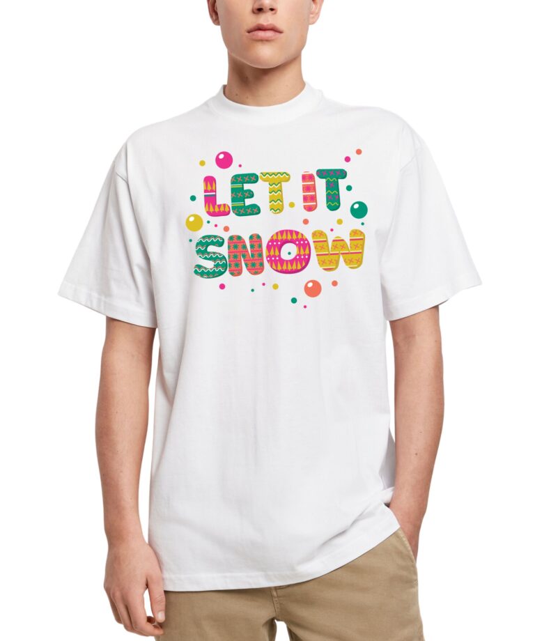 Oversized Universalūs marškinėliai "Let it snow" su kalėdines spauda ir galimybe personalizuoti, baltos spalvos