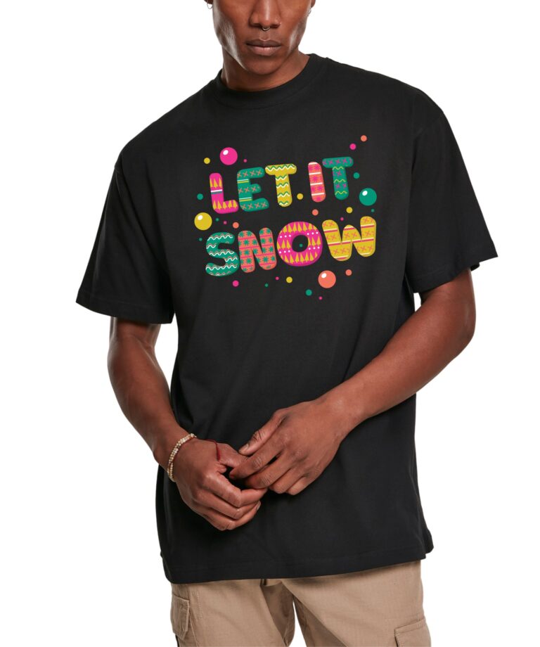 Oversized Universalūs marškinėliai "Let it snow" su kalėdines spauda ir galimybe personalizuoti, juodos spalvos