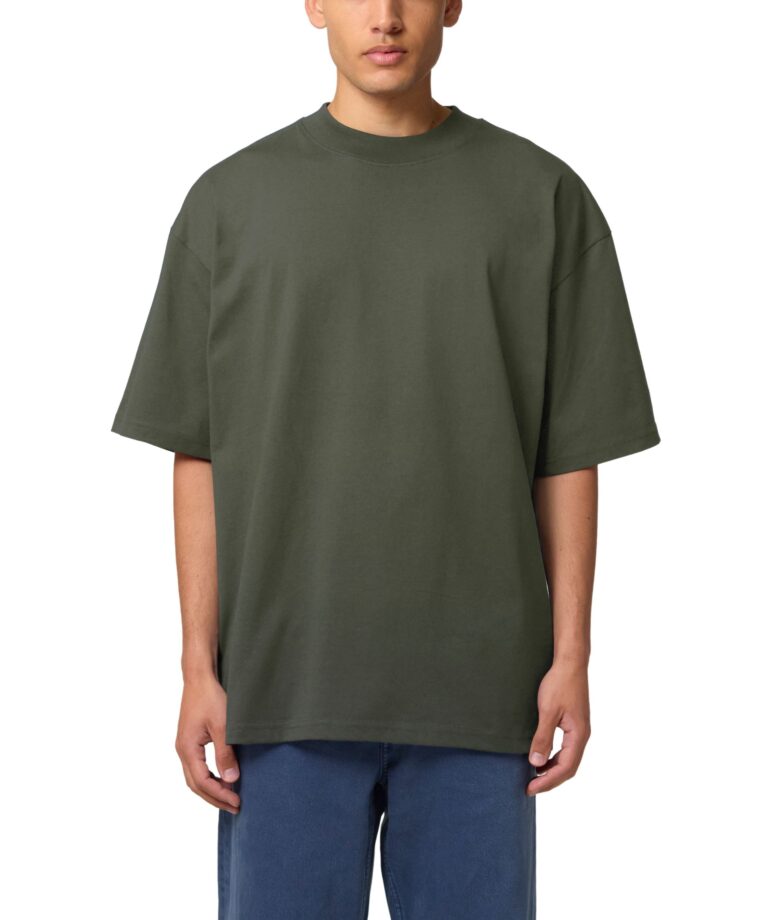 Khaki spalvos oversized marškinėliai vyrams ir moterims su norimu užrašu Blaster 2.0