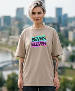 Madingiausi oversized marškinėliai su spauda Seven eleven