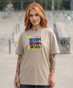 Madingiausi oversized marškinėliai su spauda Seven seven seven